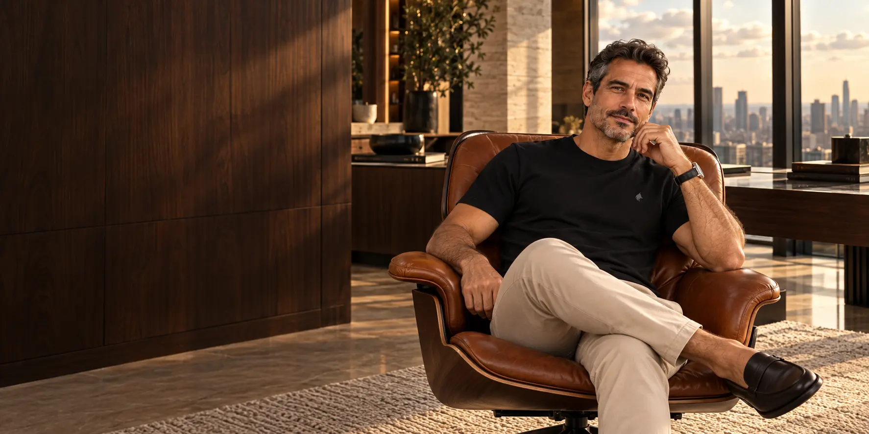 Homem com camiseta preta Laurent Richard e calça areia, sentado em um escritório com madeira e luz natural